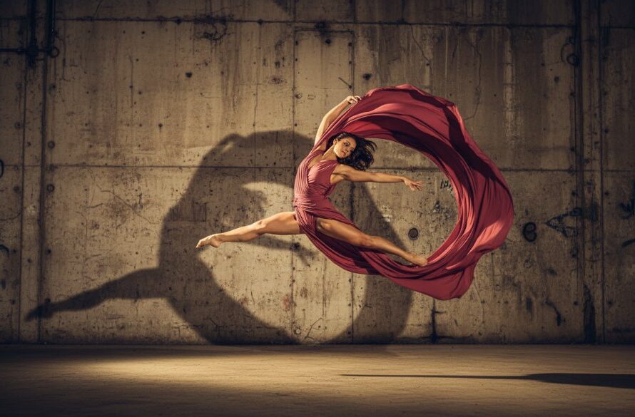 An elegant dancer in a dramatic, dynamic pose, mid-air leap against a moody, deep blue backdrop, expertly captured through expressive dance photography North Geelong studio techniques, showcasing powerful movement and emotion with professional lighting.