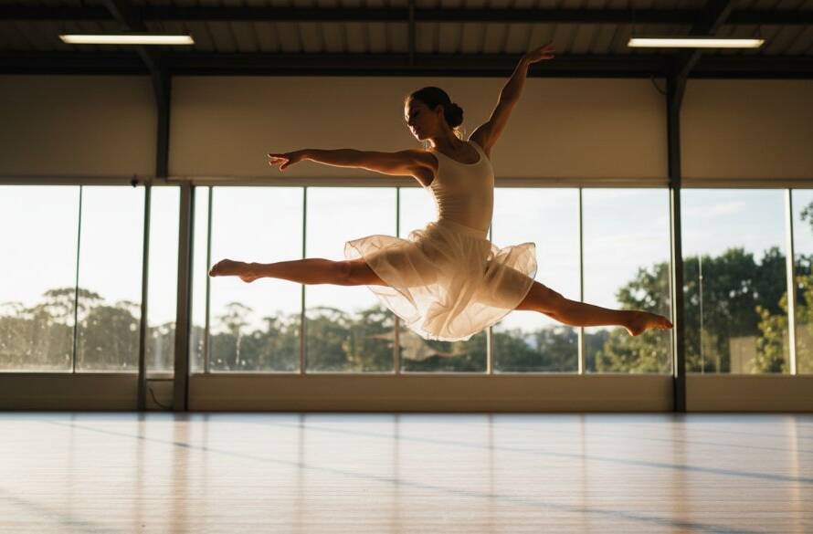 An expressive dance photography Ringwood East Victoria 'epic moment' shot featuring a dancer mid-air in a dramatic leap against a blurred backdrop of a Ringwood East park at sunset, with golden hour lighting highlighting their dynamic pose and flowing costume, professionally color-graded.