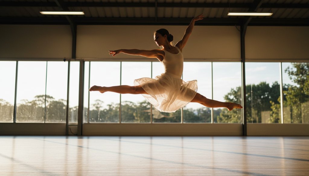 An expressive dance photography Ringwood East Victoria 'epic moment' shot featuring a dancer mid-air in a dramatic leap against a blurred backdrop of a Ringwood East park at sunset, with golden hour lighting highlighting their dynamic pose and flowing costume, professionally color-graded.