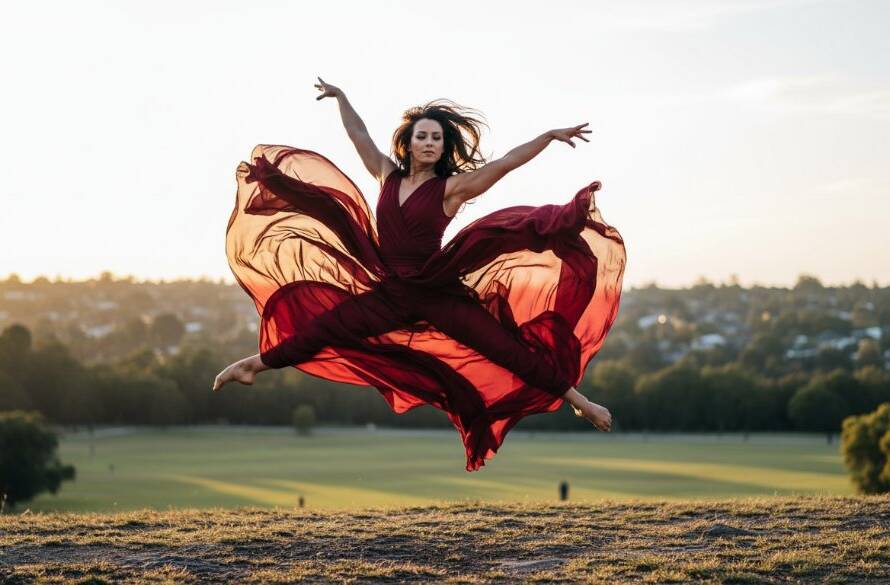 An expressive dance photography session in Forest Hill, Victoria, showcasing a dancer mid-leap, silhouetted against a dramatic sunset sky over a slightly blurred Forest Hill parkland, professional and cinematic.