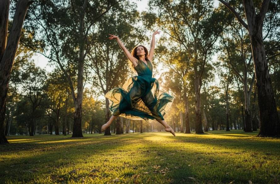 Dynamic wide-angle shot capturing a dancer mid-air in an expressive leap, surrounded by golden hour light in a natural park setting in Box Hill South, Victoria, for expressive dance photos Box Hill South VIC, showcasing grace and power.