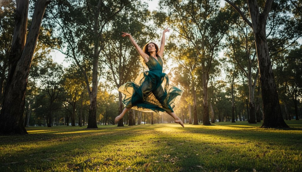 Dynamic wide-angle shot capturing a dancer mid-air in an expressive leap, surrounded by golden hour light in a natural park setting in Box Hill South, Victoria, for expressive dance photos Box Hill South VIC, showcasing grace and power.