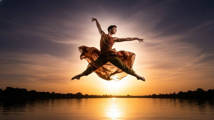 An expressive dance photoshoot Maidstone featuring a ballet dancer mid-leap, silhouetted against a golden hour sunset over Maribyrnong River, capturing a powerful and graceful epic moment of artistry.