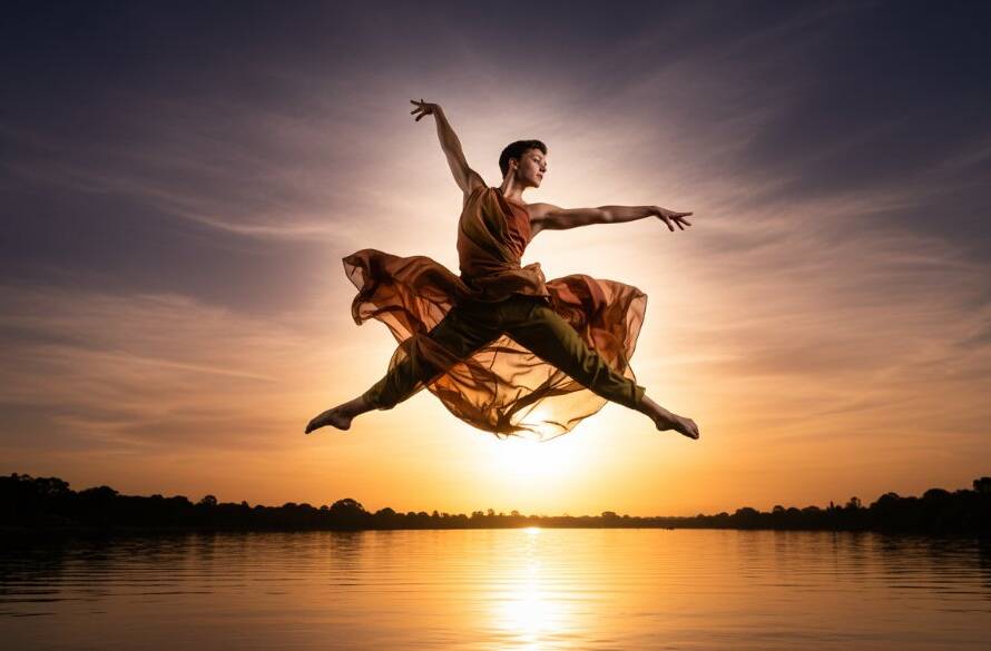 An expressive dance photoshoot Maidstone featuring a ballet dancer mid-leap, silhouetted against a golden hour sunset over Maribyrnong River, capturing a powerful and graceful epic moment of artistry.