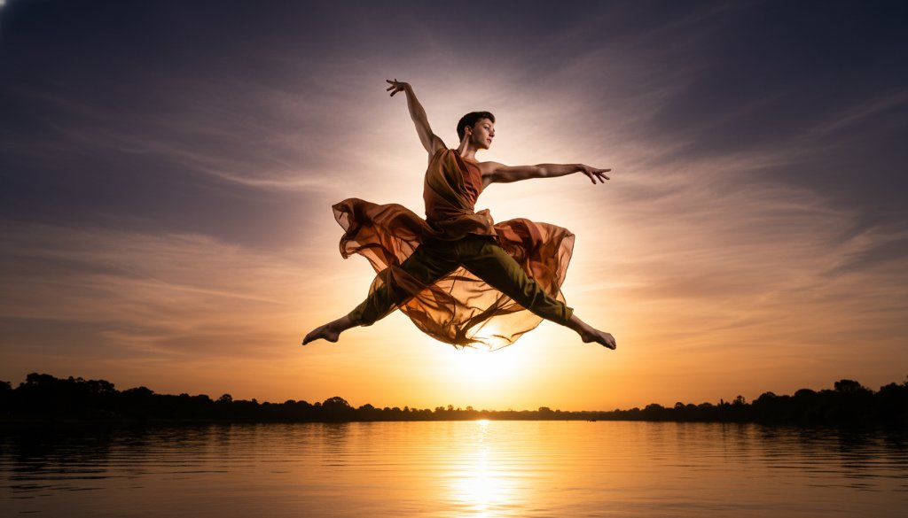 An expressive dance photoshoot Maidstone featuring a ballet dancer mid-leap, silhouetted against a golden hour sunset over Maribyrnong River, capturing a powerful and graceful epic moment of artistry.