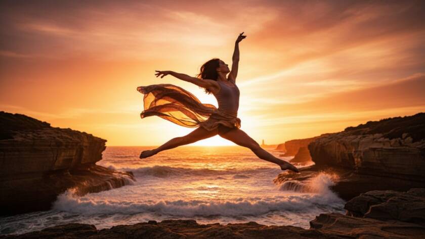 A stunning and expressive dance photoshoot Point Cook Victoria featuring a contemporary dancer mid-air, silhouetted against a dramatic sunset over Point Cook Coastal Park, capturing an epic moment of fluid motion and raw emotion.
