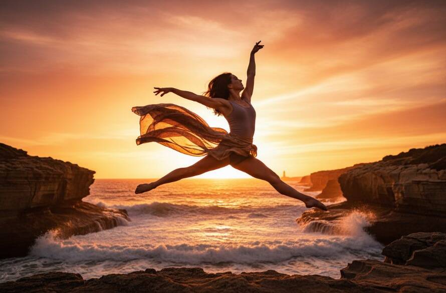 A stunning and expressive dance photoshoot Point Cook Victoria featuring a contemporary dancer mid-air, silhouetted against a dramatic sunset over Point Cook Coastal Park, capturing an epic moment of fluid motion and raw emotion.