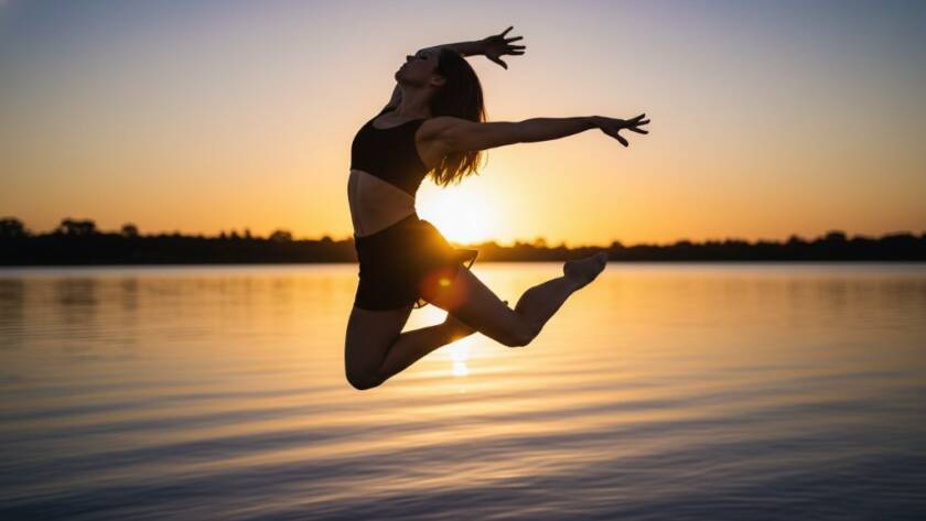 An epic moment in expressive Sandhurst contemporary dance photography, showing a female dancer suspended mid-air in a dramatic leap over the shimmering waters of Sandhurst Lake, back lit by a golden sunset, capturing raw emotion and dynamic form.