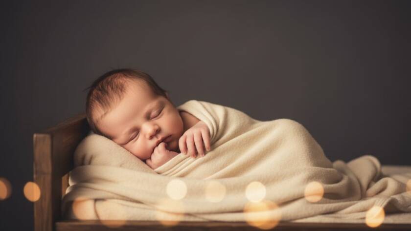 An exquisite Burnside newborn photography keepsakes image featuring a serene baby in a delicate wrap, peacefully sleeping in a rustic, beautifully styled wooden prop under soft, warm, dramatic studio lighting, captured with a shallow depth of field, evoking a sense of calm and timeless beauty. Professional color grading enhances the emotional impact.