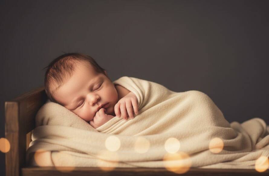 An exquisite Burnside newborn photography keepsakes image featuring a serene baby in a delicate wrap, peacefully sleeping in a rustic, beautifully styled wooden prop under soft, warm, dramatic studio lighting, captured with a shallow depth of field, evoking a sense of calm and timeless beauty. Professional color grading enhances the emotional impact.
