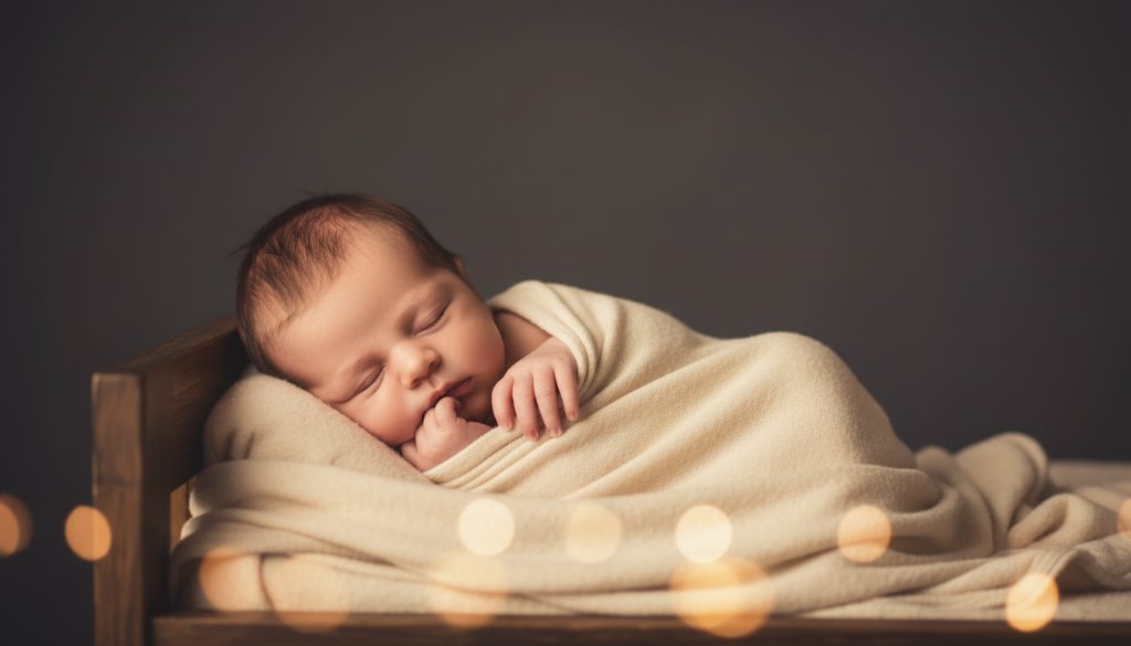 An exquisite Burnside newborn photography keepsakes image featuring a serene baby in a delicate wrap, peacefully sleeping in a rustic, beautifully styled wooden prop under soft, warm, dramatic studio lighting, captured with a shallow depth of field, evoking a sense of calm and timeless beauty. Professional color grading enhances the emotional impact.