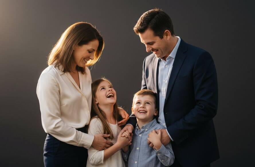 A heartwarming, professional photograph showcasing an exquisite Burwood studio family photography moment, with parents tenderly embracing their laughing children under dramatic, soft studio lighting, creating a timeless and emotionally rich portrait.