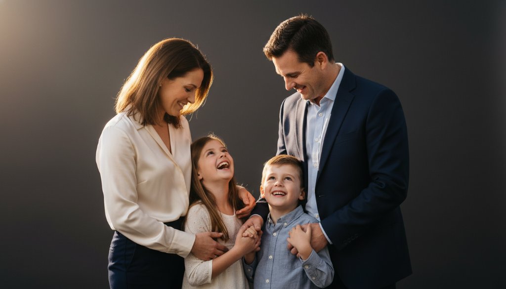 A heartwarming, professional photograph showcasing an exquisite Burwood studio family photography moment, with parents tenderly embracing their laughing children under dramatic, soft studio lighting, creating a timeless and emotionally rich portrait.