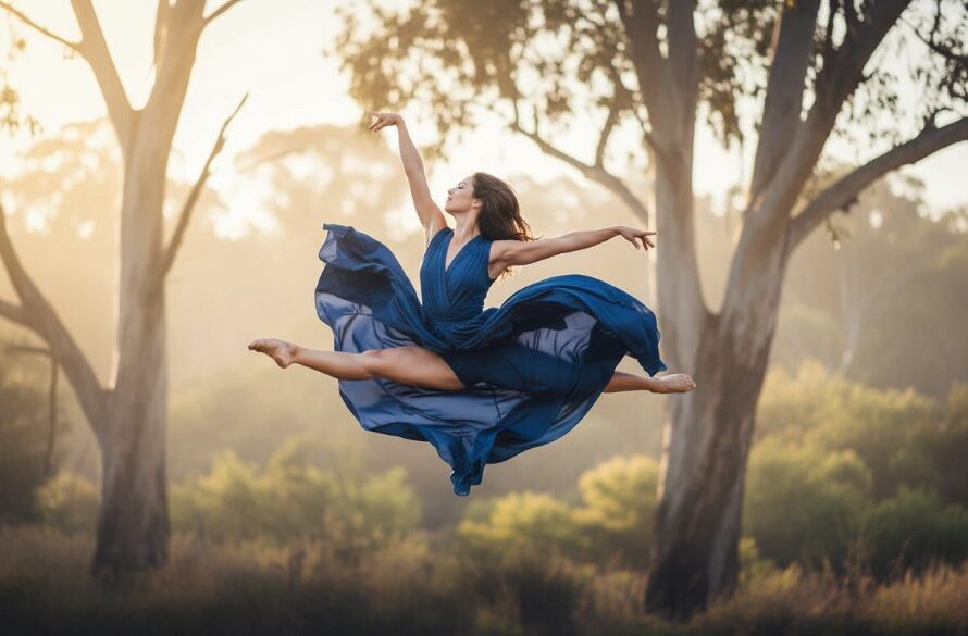 An exquisite dance photography moment captured in Seymour, Victoria, showing a dancer mid-air in a powerful, graceful leap against a dramatic, soft-focus background, bathed in cinematic light, highlighting their athletic form and artistic expression.