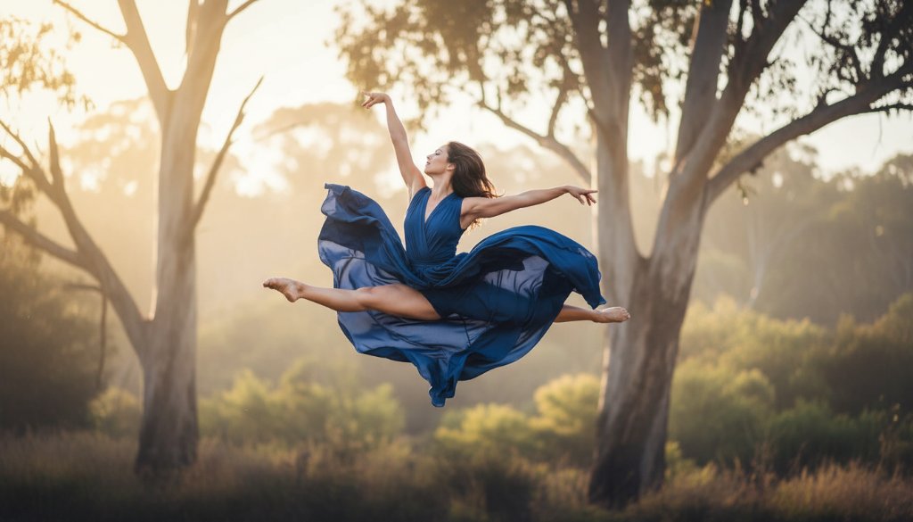 An exquisite dance photography moment captured in Seymour, Victoria, showing a dancer mid-air in a powerful, graceful leap against a dramatic, soft-focus background, bathed in cinematic light, highlighting their athletic form and artistic expression.