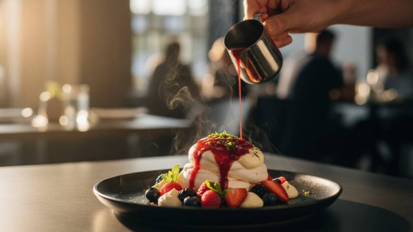 An exquisite food photography Balwyn North scene, capturing a perfectly plated gourmet dish, possibly a vibrant salad or dessert, under dramatic, warm lighting in a stylish Balwyn North cafe, with steam delicately rising, evoking freshness and irresistible flavour, professional and cinematic.