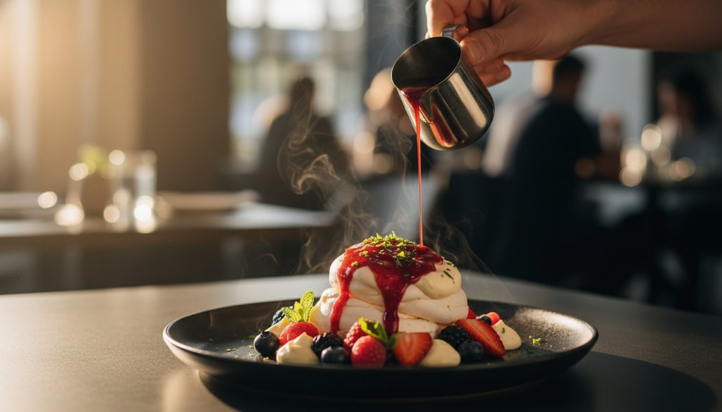 An exquisite food photography Balwyn North scene, capturing a perfectly plated gourmet dish, possibly a vibrant salad or dessert, under dramatic, warm lighting in a stylish Balwyn North cafe, with steam delicately rising, evoking freshness and irresistible flavour, professional and cinematic.