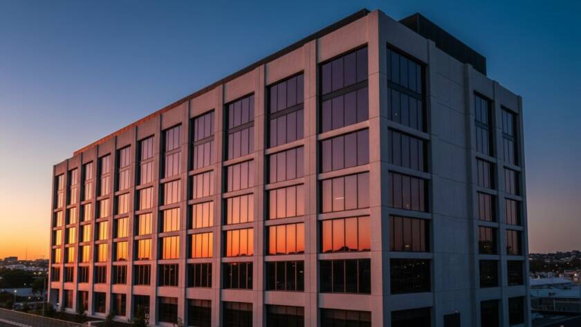 An epic moment shot featuring the striking modernist architecture of a commercial building in Forest Hill, Victoria, bathed in the golden hour light, showcasing exquisite Forest Hill architectural photography storytelling with dramatic shadows and vibrant colours. The clean lines and reflective surfaces of the building create a captivating visual narrative against a deep blue sky.