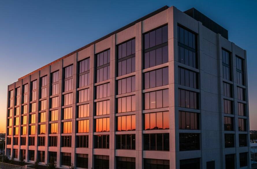 An epic moment shot featuring the striking modernist architecture of a commercial building in Forest Hill, Victoria, bathed in the golden hour light, showcasing exquisite Forest Hill architectural photography storytelling with dramatic shadows and vibrant colours. The clean lines and reflective surfaces of the building create a captivating visual narrative against a deep blue sky.