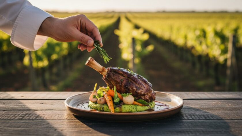 An epic moment of a perfectly plated, vibrantly coloured dish, possibly a gourmet regional lamb dish or a fresh Merbein fruit tart, captured in a rustic Merbein vineyard setting, bathed in golden hour light, showcasing Exquisite Merbein Food Photography for Wineries & Cafes expertise.