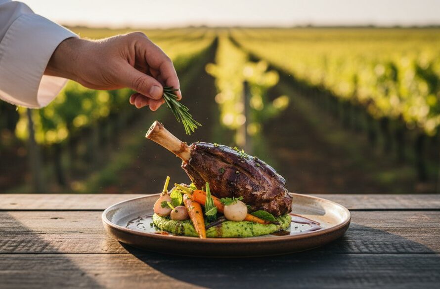 An epic moment of a perfectly plated, vibrantly coloured dish, possibly a gourmet regional lamb dish or a fresh Merbein fruit tart, captured in a rustic Merbein vineyard setting, bathed in golden hour light, showcasing Exquisite Merbein Food Photography for Wineries & Cafes expertise.