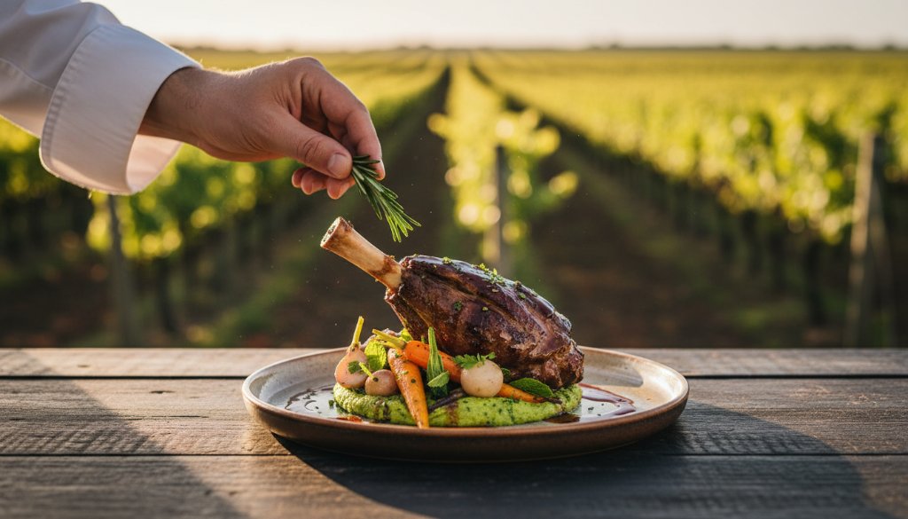An epic moment of a perfectly plated, vibrantly coloured dish, possibly a gourmet regional lamb dish or a fresh Merbein fruit tart, captured in a rustic Merbein vineyard setting, bathed in golden hour light, showcasing Exquisite Merbein Food Photography for Wineries & Cafes expertise.