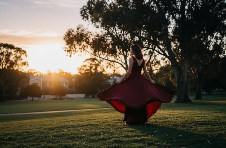 An exquisite Mont Albert fine art photography portrait showing a woman in a dramatic pose amidst a blooming garden at sunset, her flowing dress creating an ethereal silhouette against the soft, golden light, evoking a truly epic and artistic moment.