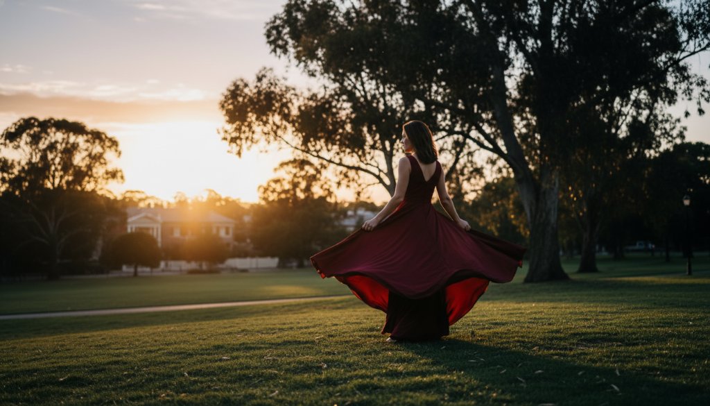 An exquisite Mont Albert fine art photography portrait showing a woman in a dramatic pose amidst a blooming garden at sunset, her flowing dress creating an ethereal silhouette against the soft, golden light, evoking a truly epic and artistic moment.