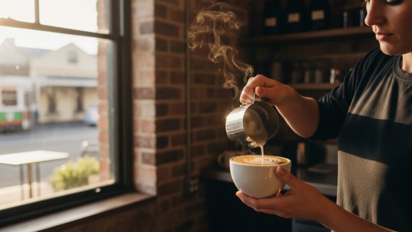An exquisite North Geelong cafe food photography shot showcasing a perfectly plated brunch dish, with morning light streaming through a window illuminating steam rising from a coffee cup, set against the rustic charm of a local Geelong café.