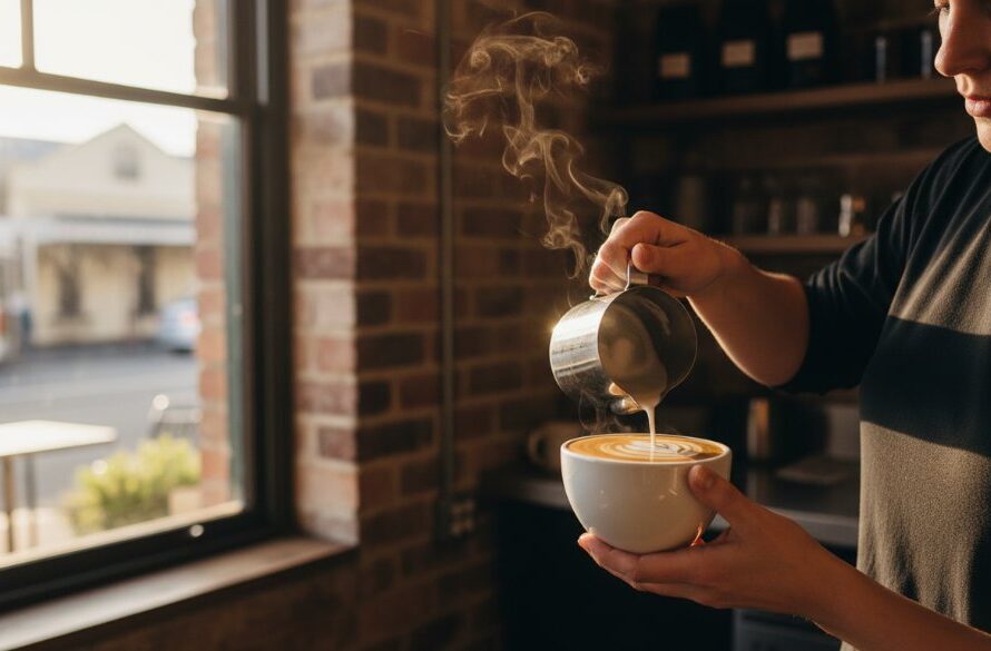 An exquisite North Geelong cafe food photography shot showcasing a perfectly plated brunch dish, with morning light streaming through a window illuminating steam rising from a coffee cup, set against the rustic charm of a local Geelong café.