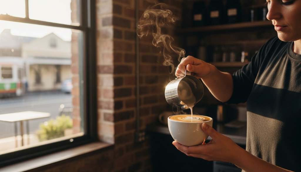 An exquisite North Geelong cafe food photography shot showcasing a perfectly plated brunch dish, with morning light streaming through a window illuminating steam rising from a coffee cup, set against the rustic charm of a local Geelong café.
