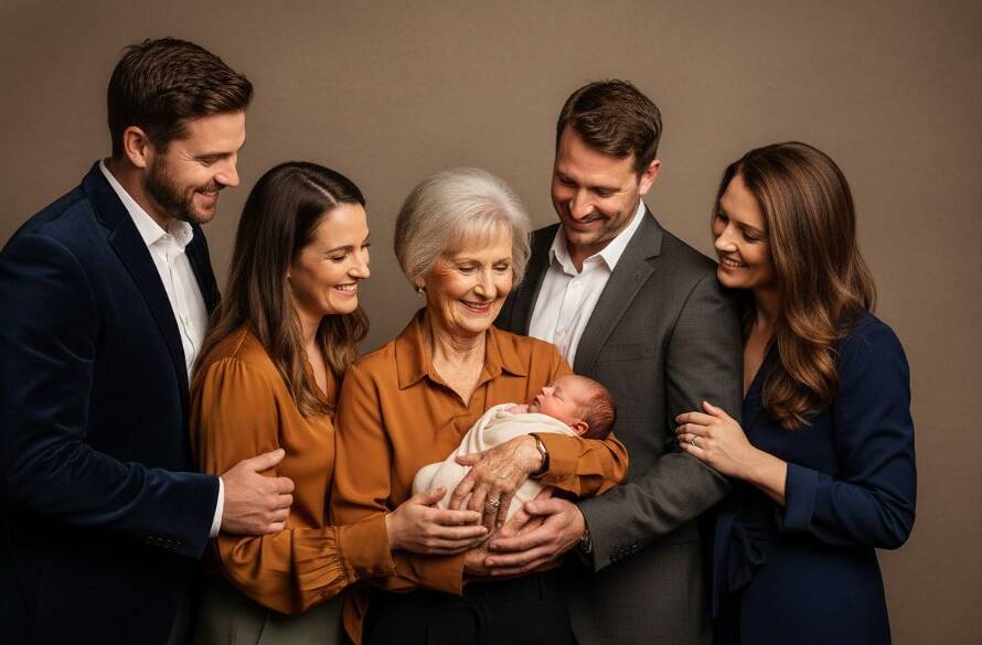 A heartwarming, dramatic studio photograph of a multi-generational family in Noble Park, captured during an exquisite studio photography Noble Park family portraits session. The image features a candid, joyful embrace, with soft, ethereal backlighting and rich, professional colour grading, creating a timeless and emotionally resonant portrait.