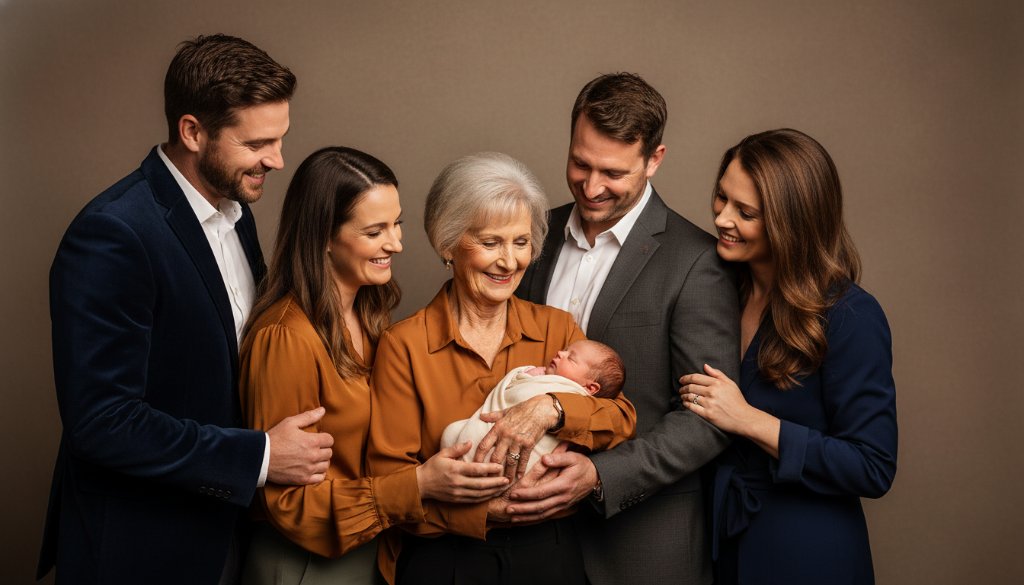 A heartwarming, dramatic studio photograph of a multi-generational family in Noble Park, captured during an exquisite studio photography Noble Park family portraits session. The image features a candid, joyful embrace, with soft, ethereal backlighting and rich, professional colour grading, creating a timeless and emotionally resonant portrait.