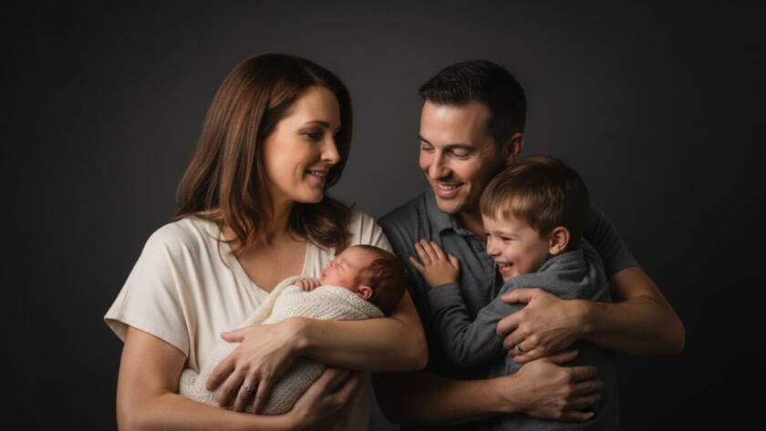 An exquisite studio portrait Glen Iris families love, depicting a joyous, candid moment between a mother and her young child, bathed in warm, soft cinematic light against a minimalist grey backdrop, captured by a professional photographer.