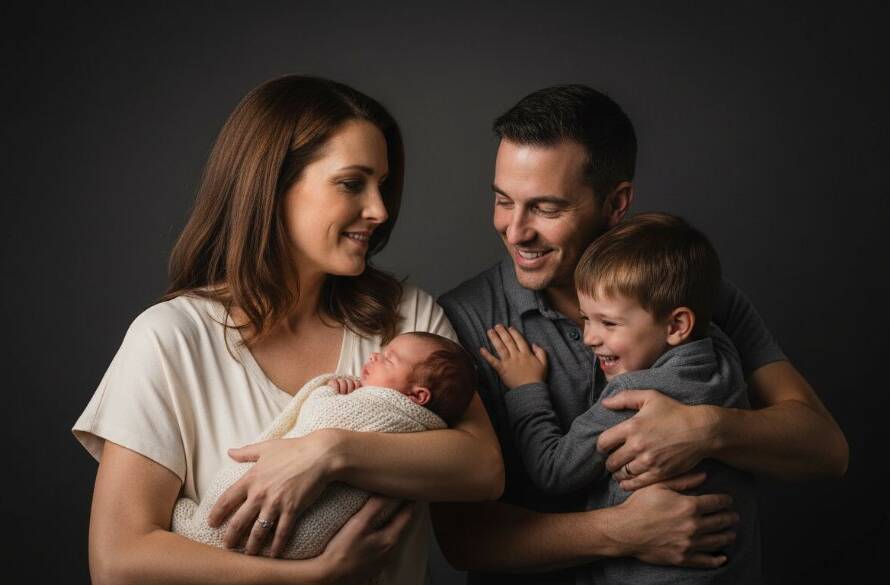 An exquisite studio portrait Glen Iris families love, depicting a joyous, candid moment between a mother and her young child, bathed in warm, soft cinematic light against a minimalist grey backdrop, captured by a professional photographer.