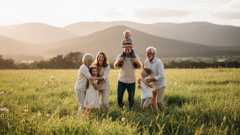 An emotionally resonant 'epic moment' photograph of a family laughing joyously together during a family photography session The Basin candid moments, bathed in the golden hour sunlight, with lush greenery and the distant Dandenong Ranges creating a stunning backdrop. The focus is on their genuine connection and happiness.