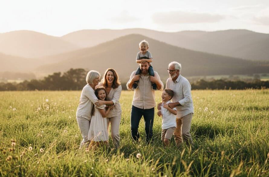 An emotionally resonant 'epic moment' photograph of a family laughing joyously together during a family photography session The Basin candid moments, bathed in the golden hour sunlight, with lush greenery and the distant Dandenong Ranges creating a stunning backdrop. The focus is on their genuine connection and happiness.