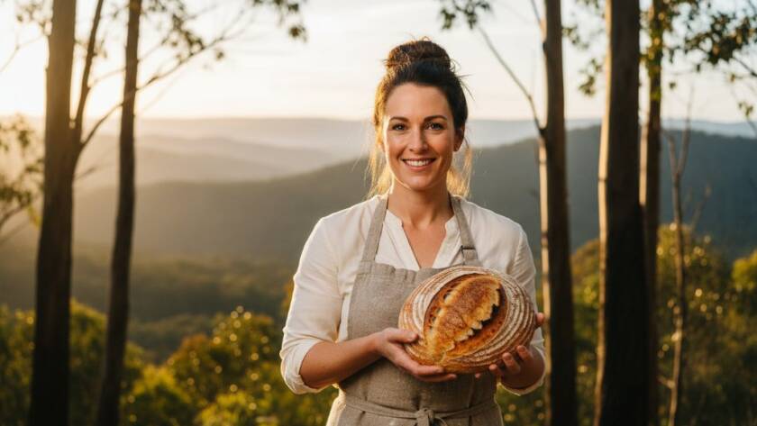 Dynamic Ferntree Gully advertising photography for local businesses, capturing an artisan baker proudly presenting their freshly baked sourdough with the iconic Dandenong Ranges in the soft morning light, exuding local charm and quality.