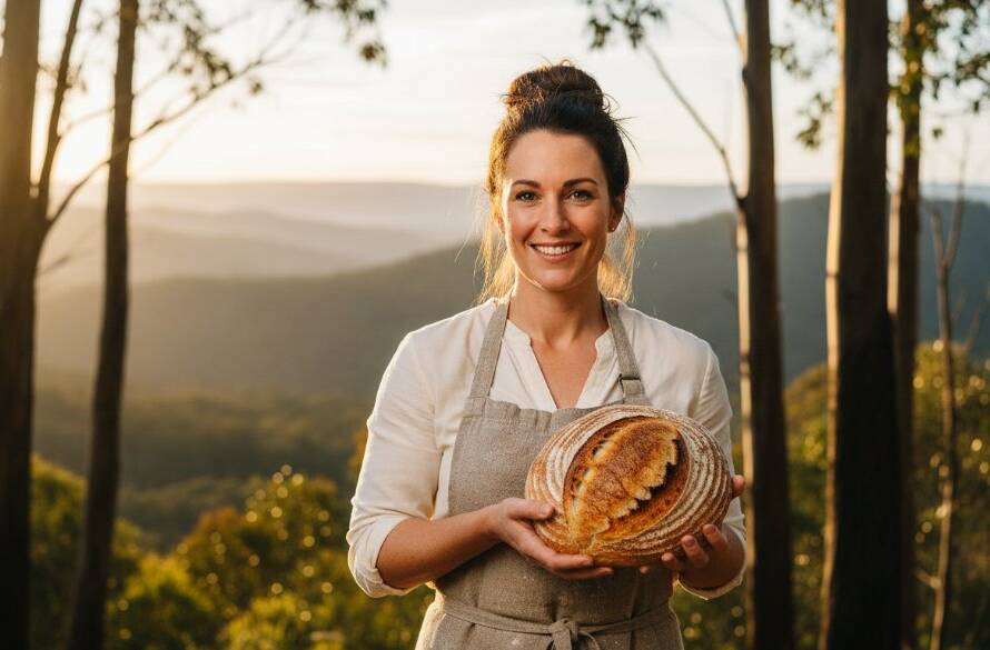 Dynamic Ferntree Gully advertising photography for local businesses, capturing an artisan baker proudly presenting their freshly baked sourdough with the iconic Dandenong Ranges in the soft morning light, exuding local charm and quality.