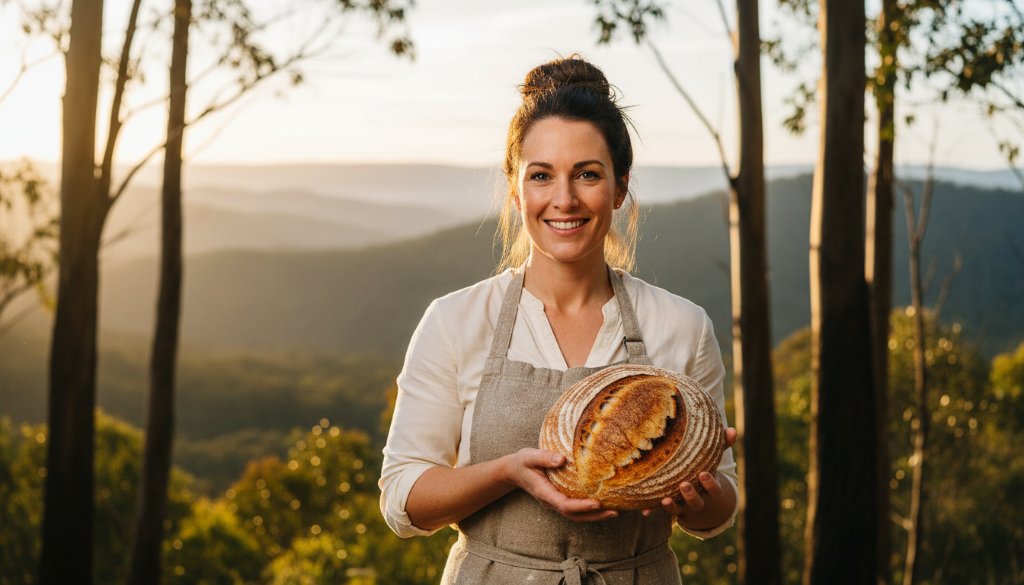 Dynamic Ferntree Gully advertising photography for local businesses, capturing an artisan baker proudly presenting their freshly baked sourdough with the iconic Dandenong Ranges in the soft morning light, exuding local charm and quality.