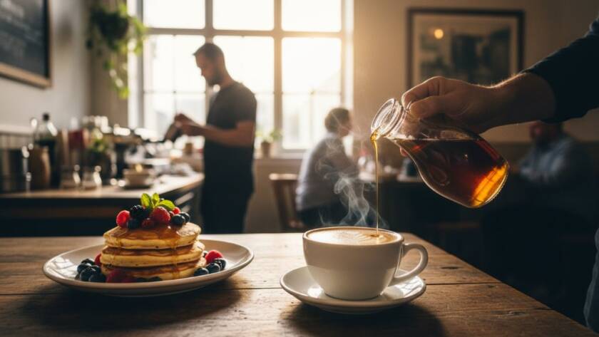 An exquisite, professionally styled dish of artisanal sourdough toast with smashed avocado and poached eggs, perfectly lit with natural morning light streaming into a cozy Ferntree Gully cafe, showcasing Ferntree Gully Cafe Food Photography Local Flavour, with a barista's hand artfully placing a latte next to it, creating a vibrant, appealing scene.
