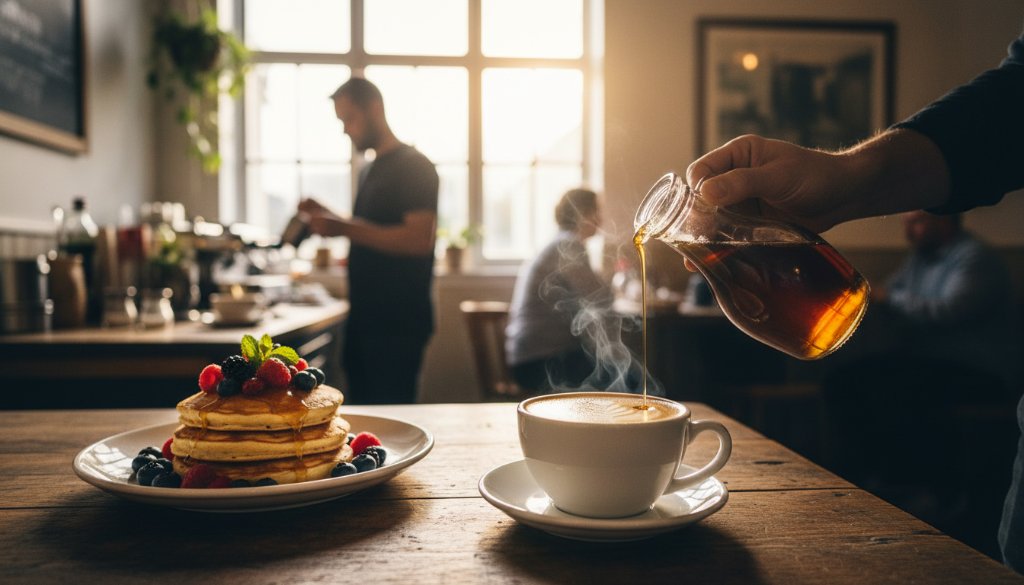 An exquisite, professionally styled dish of artisanal sourdough toast with smashed avocado and poached eggs, perfectly lit with natural morning light streaming into a cozy Ferntree Gully cafe, showcasing Ferntree Gully Cafe Food Photography Local Flavour, with a barista's hand artfully placing a latte next to it, creating a vibrant, appealing scene.