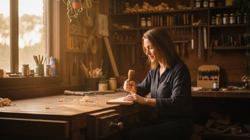 An epic moment captured during a Ferntree Gully creative branding photography session, showing a local artisan passionately crafting pottery in a sunlit studio, with dramatic rim lighting highlighting their focused expression and the textures of their work.