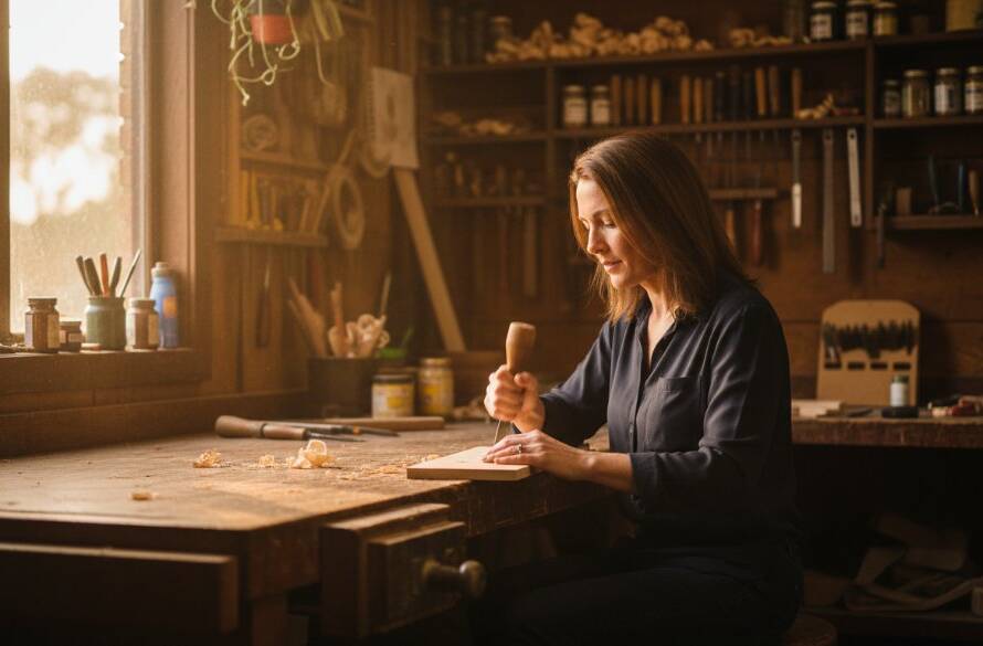 An epic moment captured during a Ferntree Gully creative branding photography session, showing a local artisan passionately crafting pottery in a sunlit studio, with dramatic rim lighting highlighting their focused expression and the textures of their work.