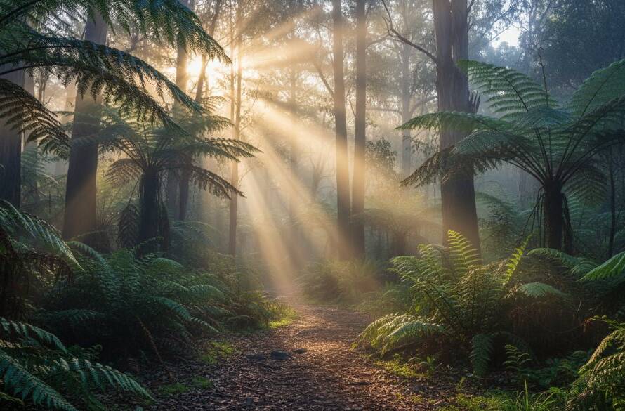 An epic moment captured in Ferntree Gully Dandenong Ranges fine art photography, showcasing a majestic misty forest at dawn with golden light filtering through ancient trees, evoking a sense of wonder and tranquility.