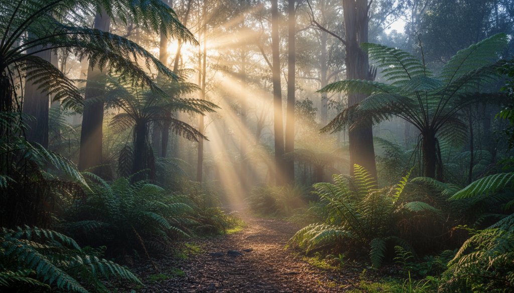 An epic moment captured in Ferntree Gully Dandenong Ranges fine art photography, showcasing a majestic misty forest at dawn with golden light filtering through ancient trees, evoking a sense of wonder and tranquility.