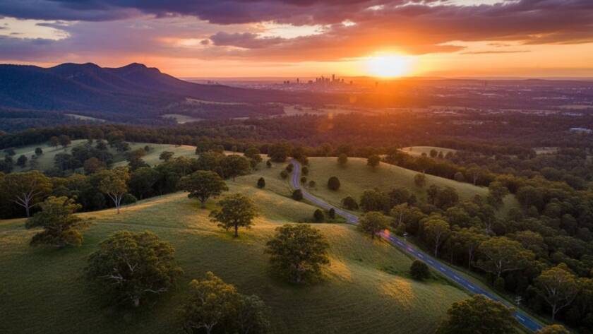 An epic aerial photograph showcasing the stunning Ferntree Gully Drone Photography Dandenongs Panoramas, featuring golden hour light bathing the lush, rolling hills of the Dandenongs with a vibrant sunset, captured by drone.