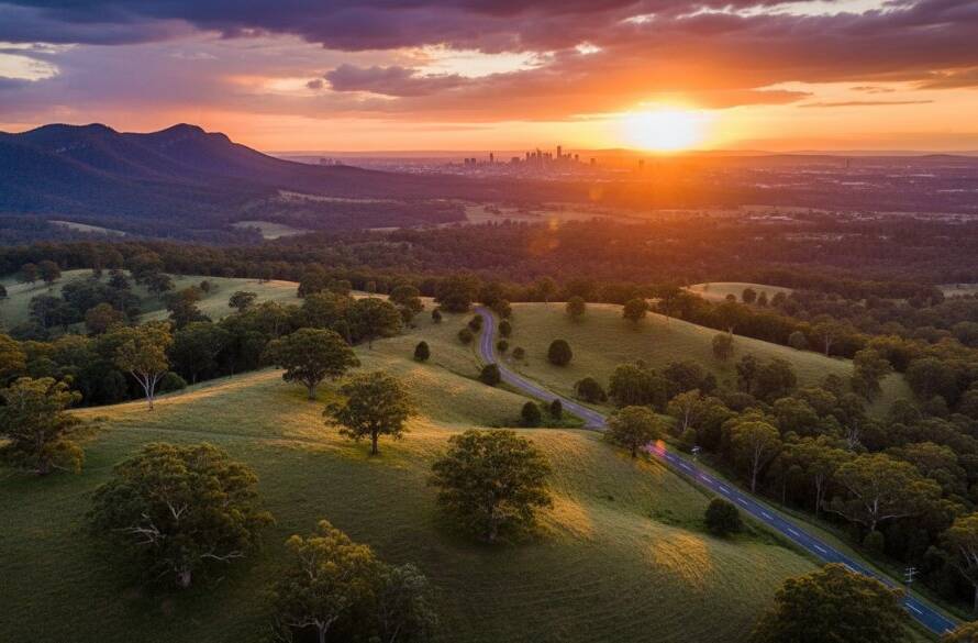An epic aerial photograph showcasing the stunning Ferntree Gully Drone Photography Dandenongs Panoramas, featuring golden hour light bathing the lush, rolling hills of the Dandenongs with a vibrant sunset, captured by drone.