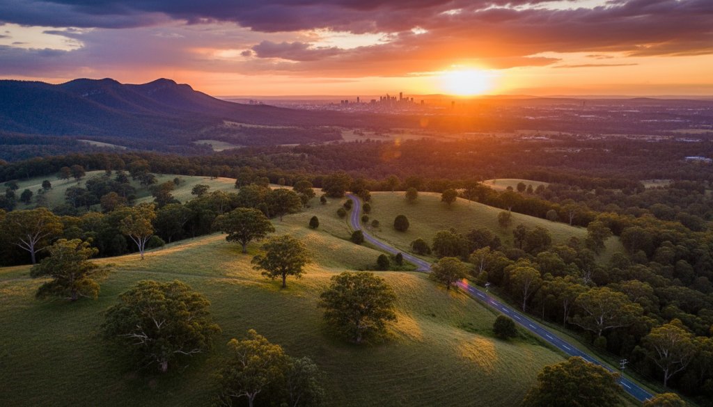 An epic aerial photograph showcasing the stunning Ferntree Gully Drone Photography Dandenongs Panoramas, featuring golden hour light bathing the lush, rolling hills of the Dandenongs with a vibrant sunset, captured by drone.