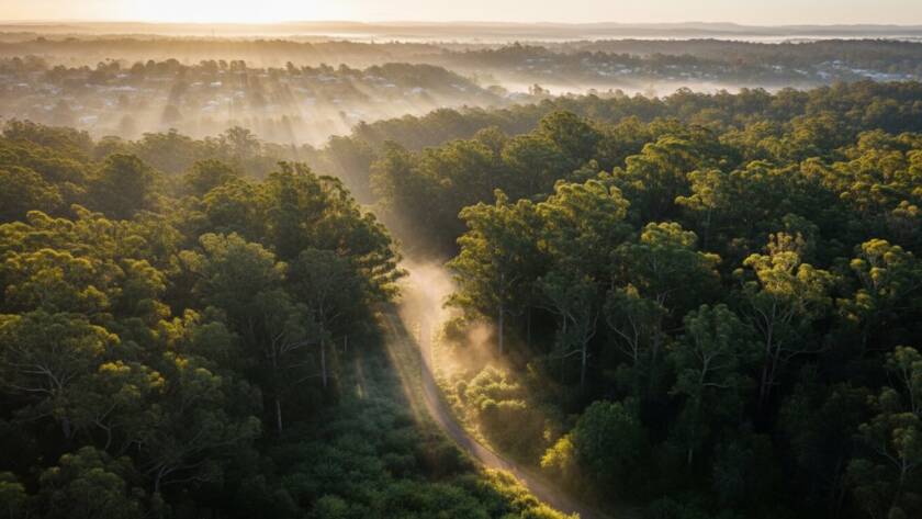 An epic moment aerial photograph capturing the expansive view of Ferntree Gully from a drone, showcasing the vibrant green canopy of the Dandenong Ranges at sunrise, with a golden light illuminating a winding path and distant suburban homes. This stunning Ferntree Gully drone photography for stunning views highlights the natural beauty and community spirit of the area.